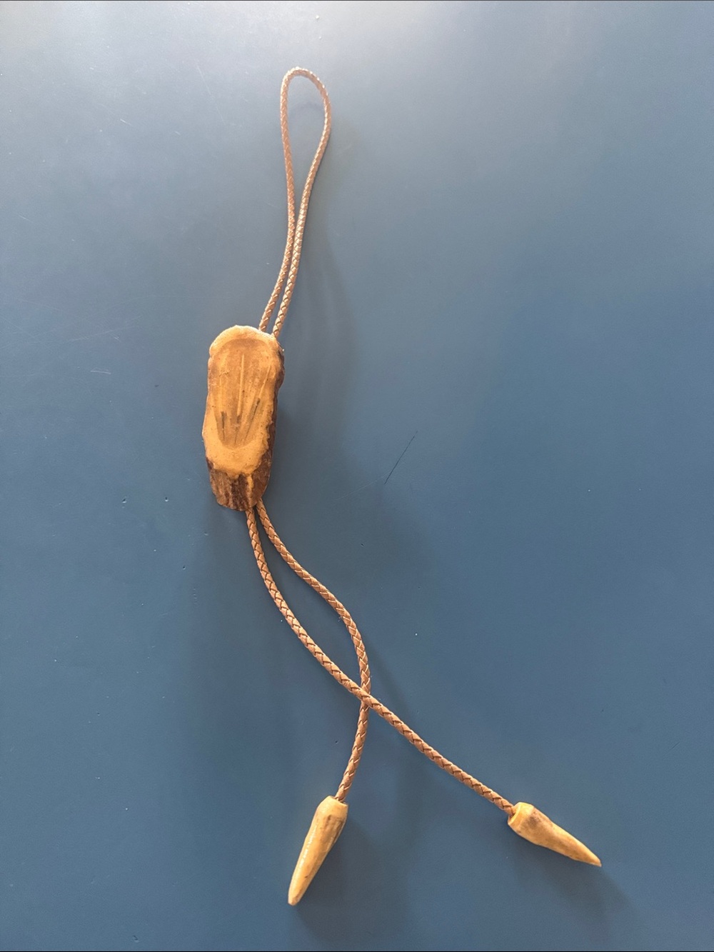 Helix Tan Braided Cord Bolo Tie with porcupine quills and antler pendent
